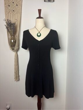 Women's Black Button-Front V-Neck Mini Dress